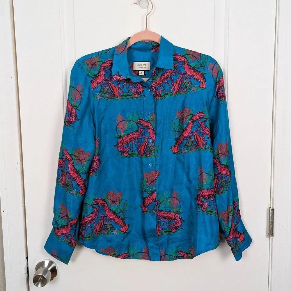 J.Crew | Blue Lobster Print Silk Button Down Shirt Size 2